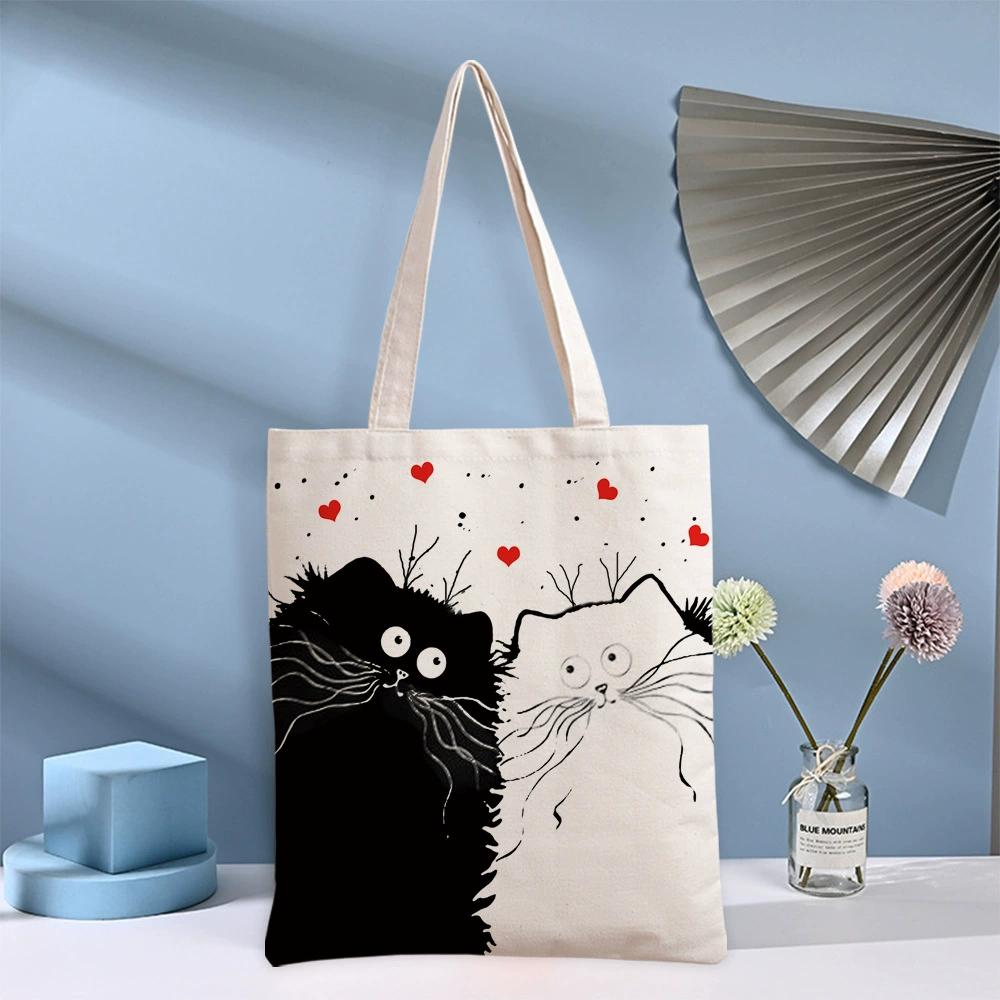 Black Cat Printed Canvas Bag Cartoon Tote Bag Shoulder Storage Bag Ladies Beach Bag Shopping Bag Travel Storage