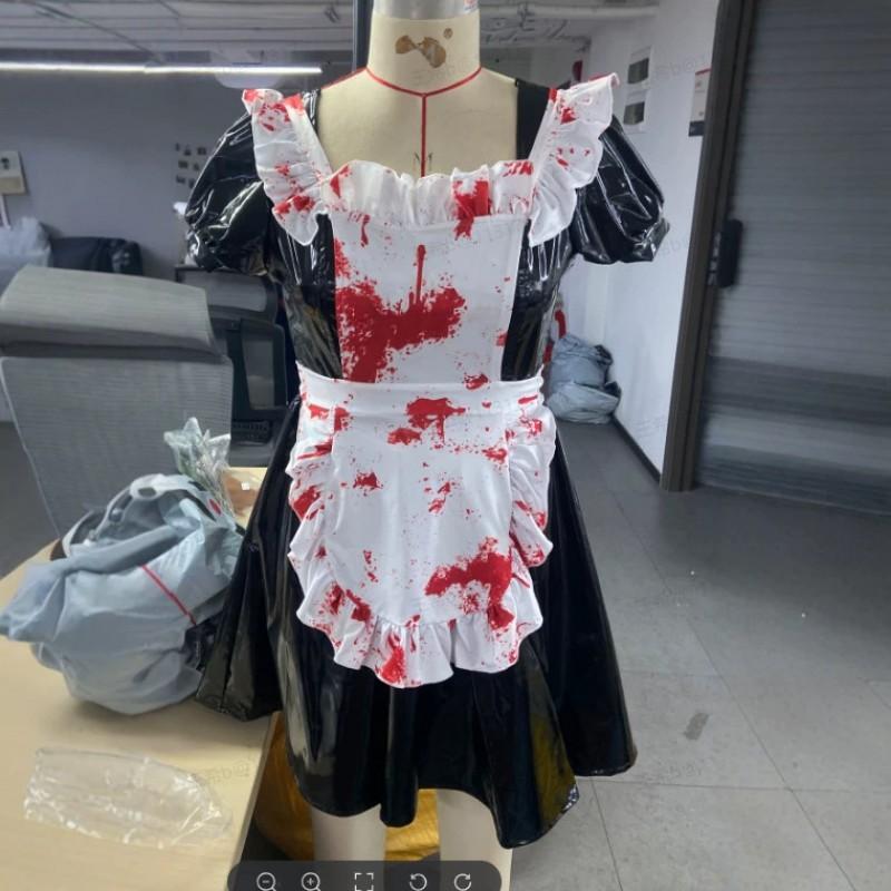 S-XL Halloween Cosplay Maid Costume Scary Blood Stain Evil Outfit Role Play Party Dress Women