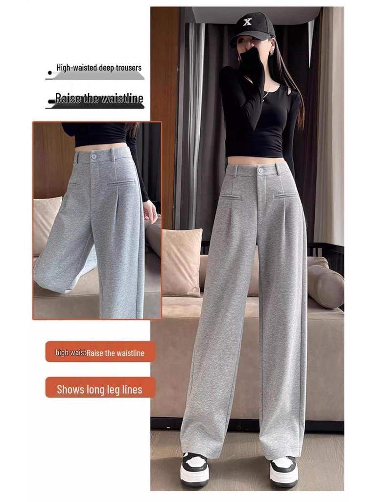 Petite Gray Wide Leg High Waist Pants for Women - Spring/Autumn