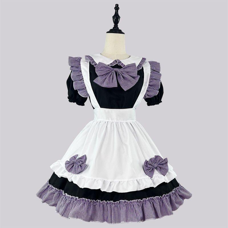Cosplay Japanese Anime New 4-Piece Maid Outfit Cute Princess Dress Black and White Checkered Bow Maid Style
