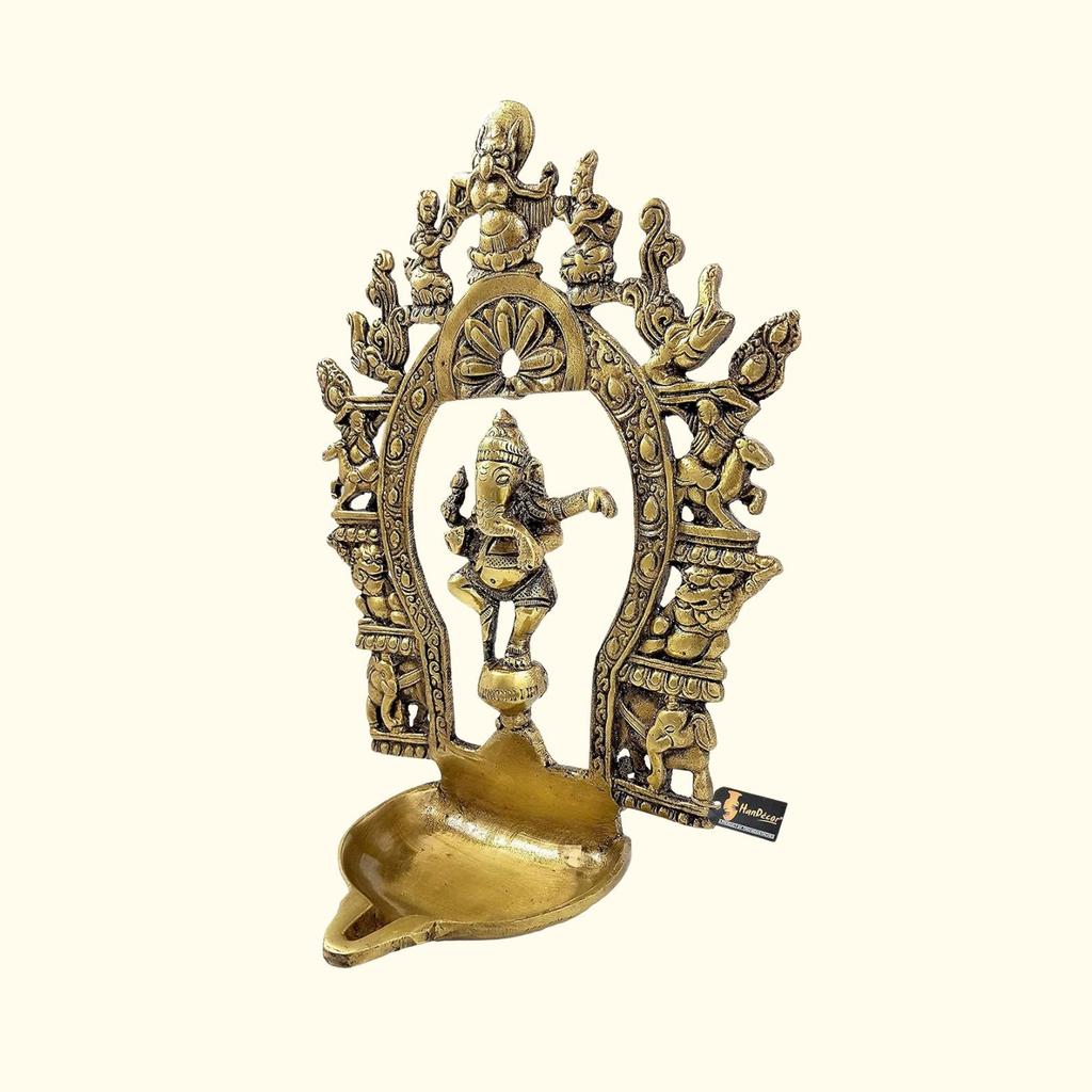 Fine Brass Ethnic Indian Carving Dancing Ganesha Design Diya With Prabhavali