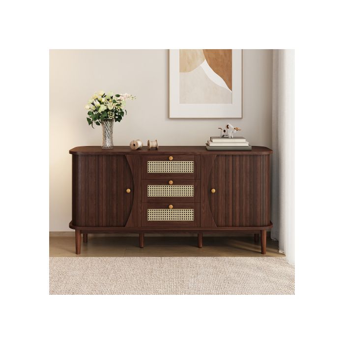Sideboard, armoire en rotin avec tiroirs, commode avec portes coulissantes