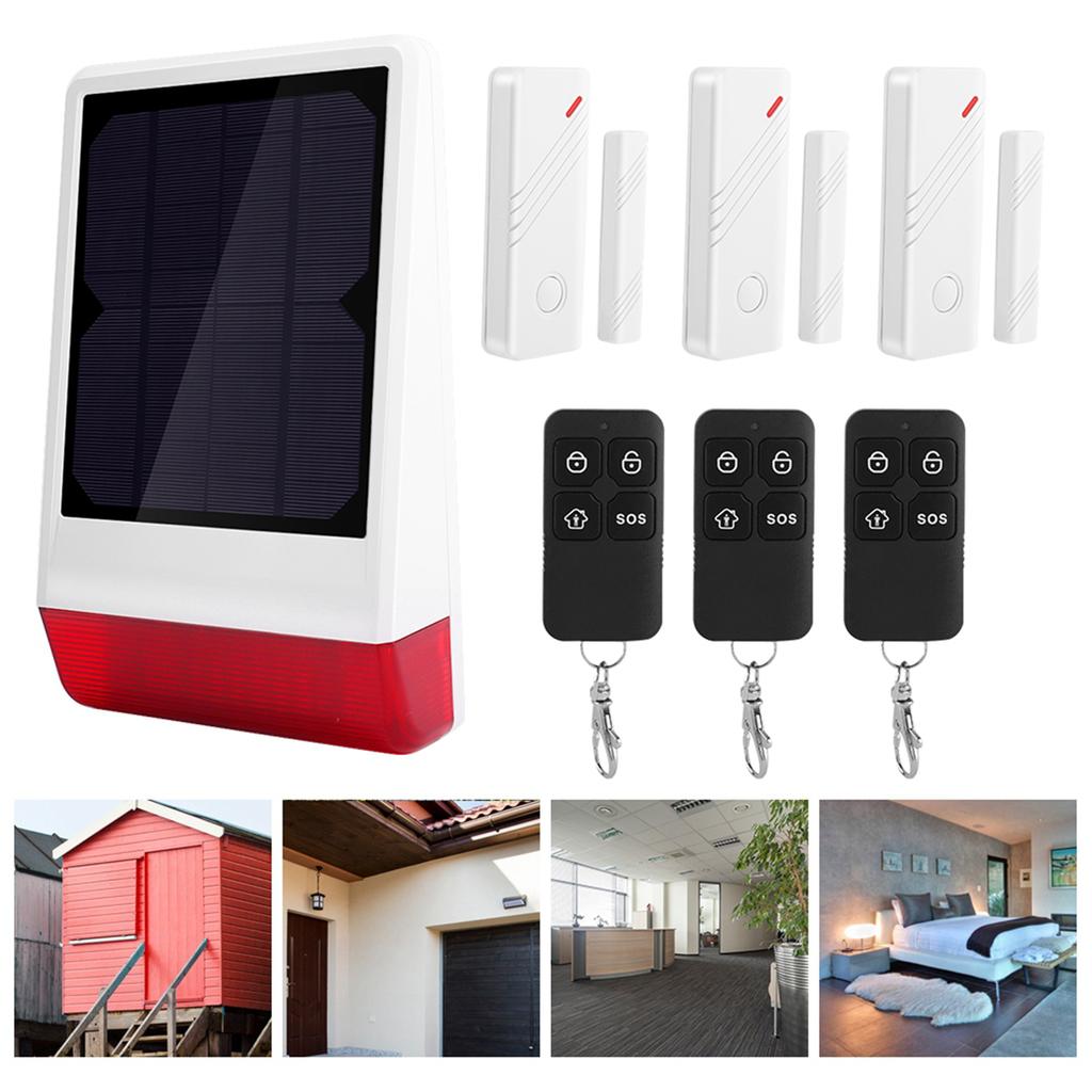 433MHZ Wireless Solar Siren Burglar Security Alarm System 3 Door Magnet 3 Remote Control