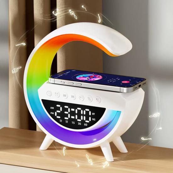 G-Shaped LED Wireless Speaker 15W Fast Charging Alarm Clock with 13 Lighting Modes Bedroom Nightstand Lamp Bluetooth-compatible 5.2 Speaker
