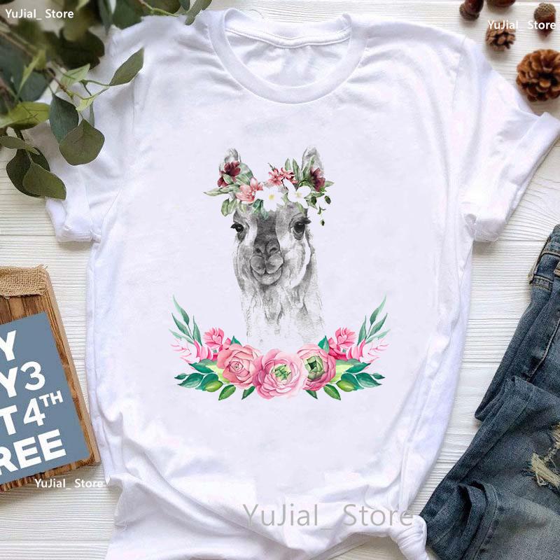 Kawaii Alpaca With Flowers And Coffee Print T Shirt Girls Summer Short Sleeve Tshirt Femme Fashion Tops Tee Shirt Female
