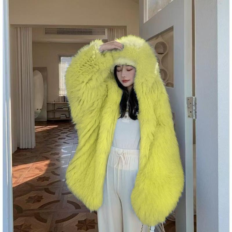 New Imitation Fox Hair Woven Hooded Bat Sleeve Long Sleeve Slim Imitation Fur Fur Coat Women