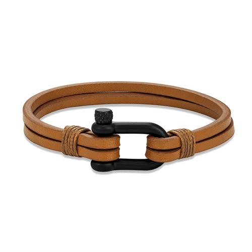 Black U-Shaped Horseshoe Buckle Bracelet Men'S Leather Double-Layer Casual Hand Rope Stainless Steel Buckle Bracelet