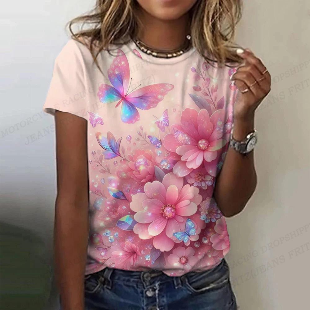 Summer Round Neck 3D Butterfly Flower Pattern Printed Top Fashionable Casual Short Sleeved Women's T-shirts