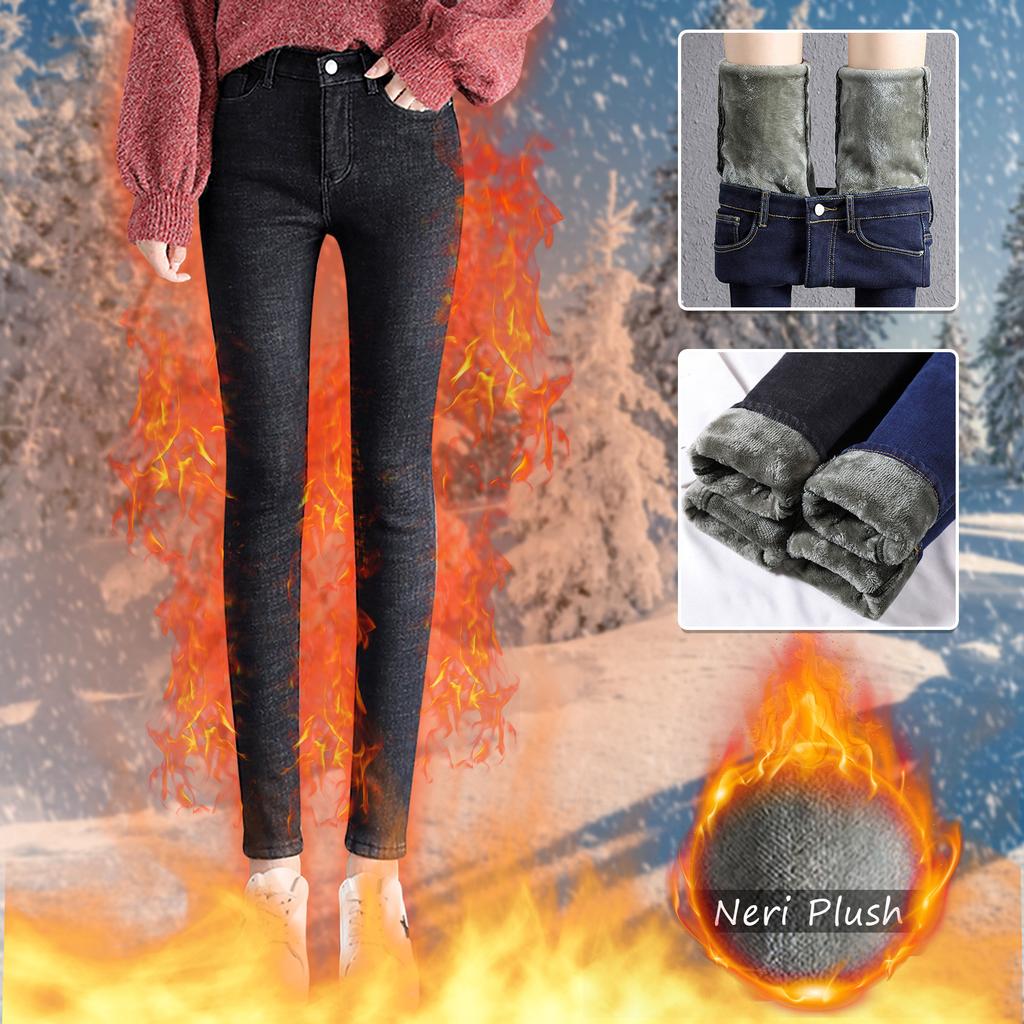 Fashion Women Plus Size Plus Velvet Elastic High Waist Casual Jeans Pencil Pants