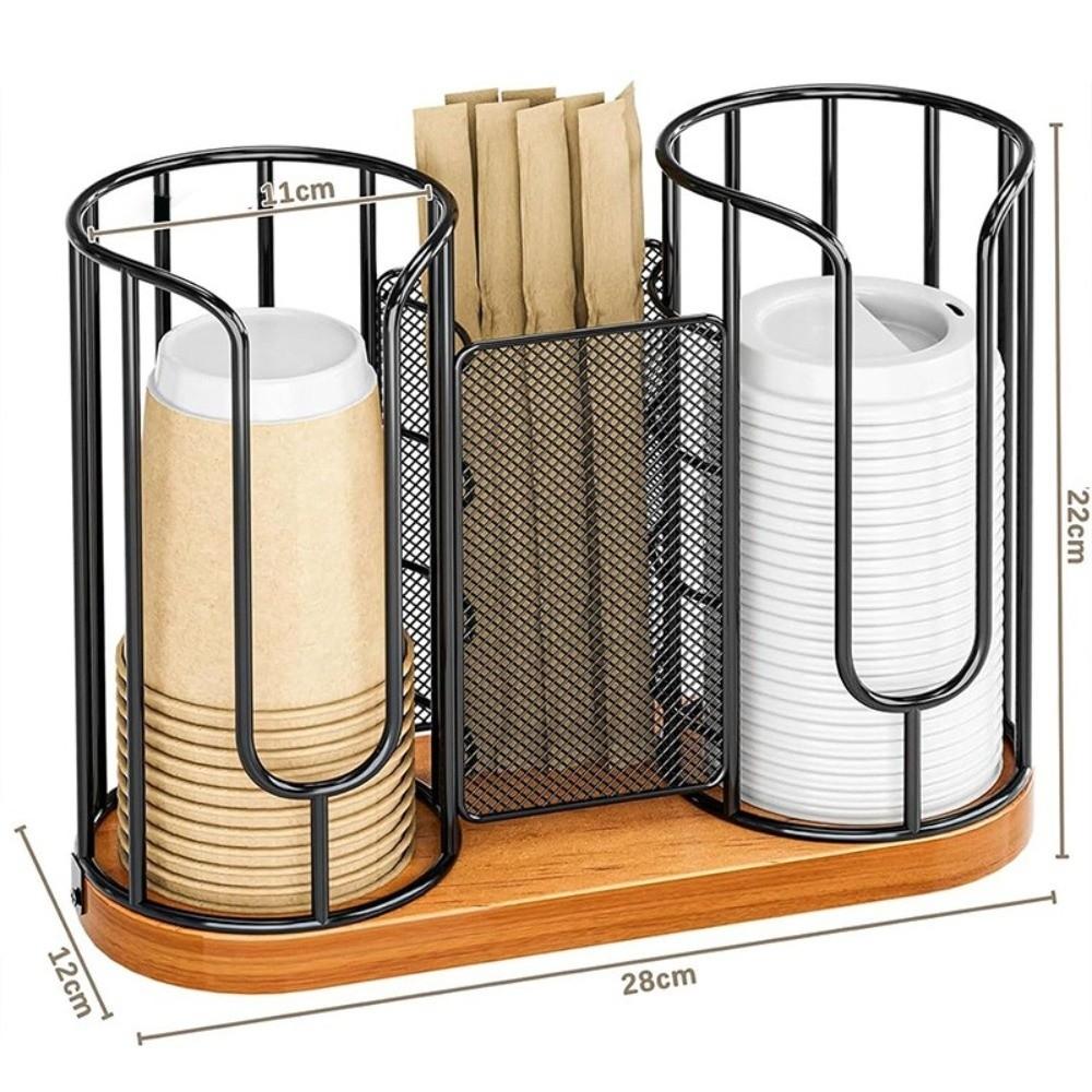 3-in-1 Coffee Cup Lid Holder Wooden Base Cup Dispenser Rack Paper Cup Dispenser Office Kitchen Use