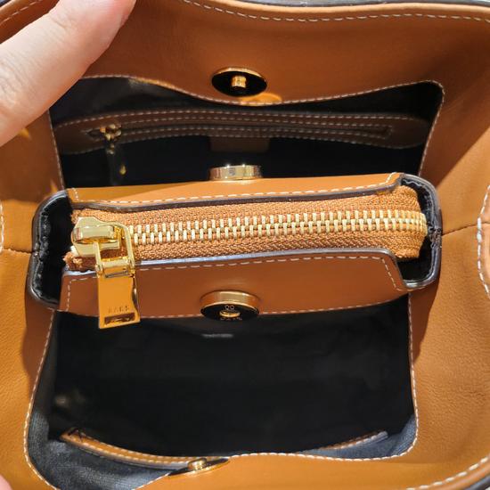 Brown Small Bucket Bag with DD Pattern Leather Trim DCBA3E868