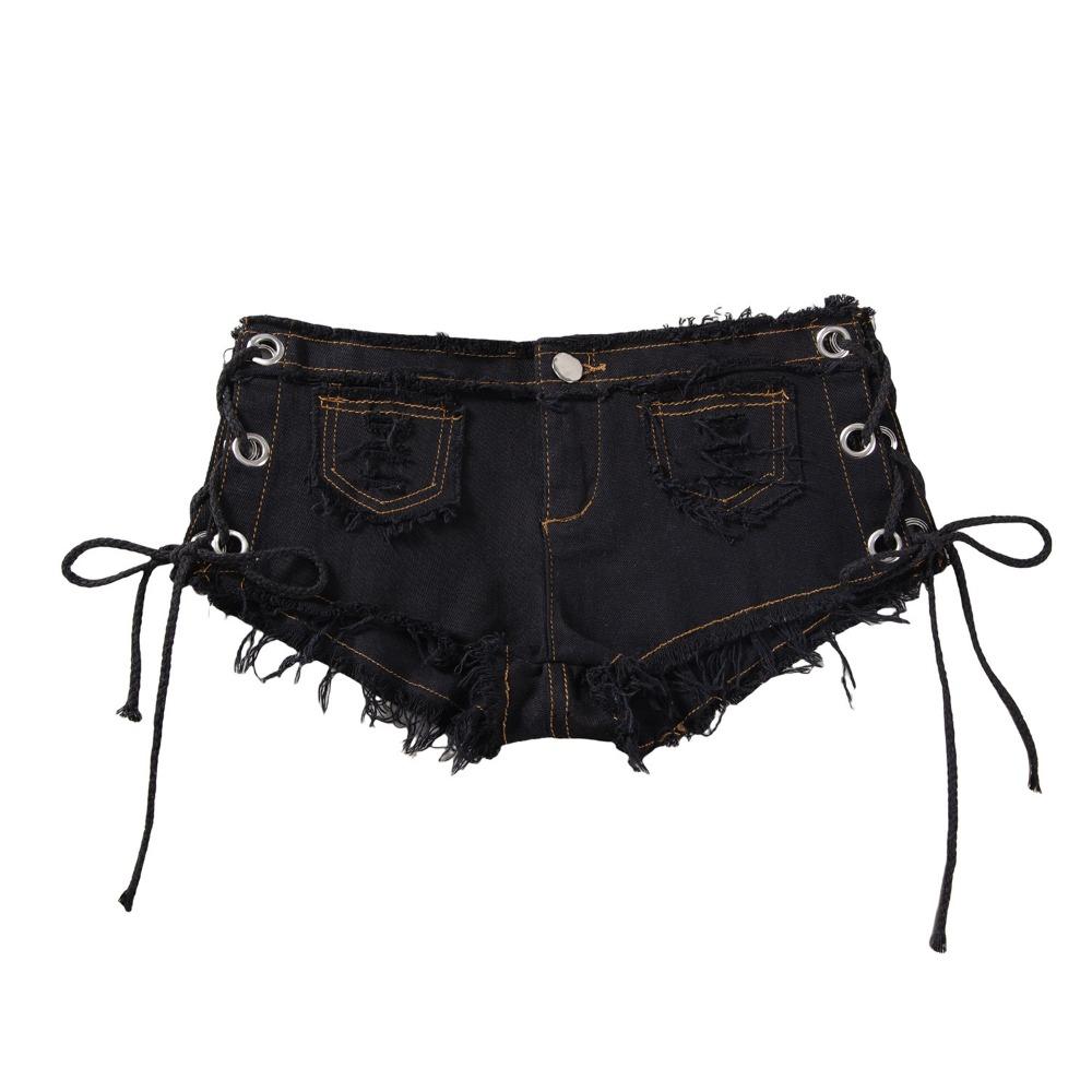 Pantaloncini di Jeans da Donna a Vita Media con Lacci Laterali Cutout Vestibilità Slim Hot Pants Alta Elasticità Orlo Grezzo Sfilacciato per Street Club Party