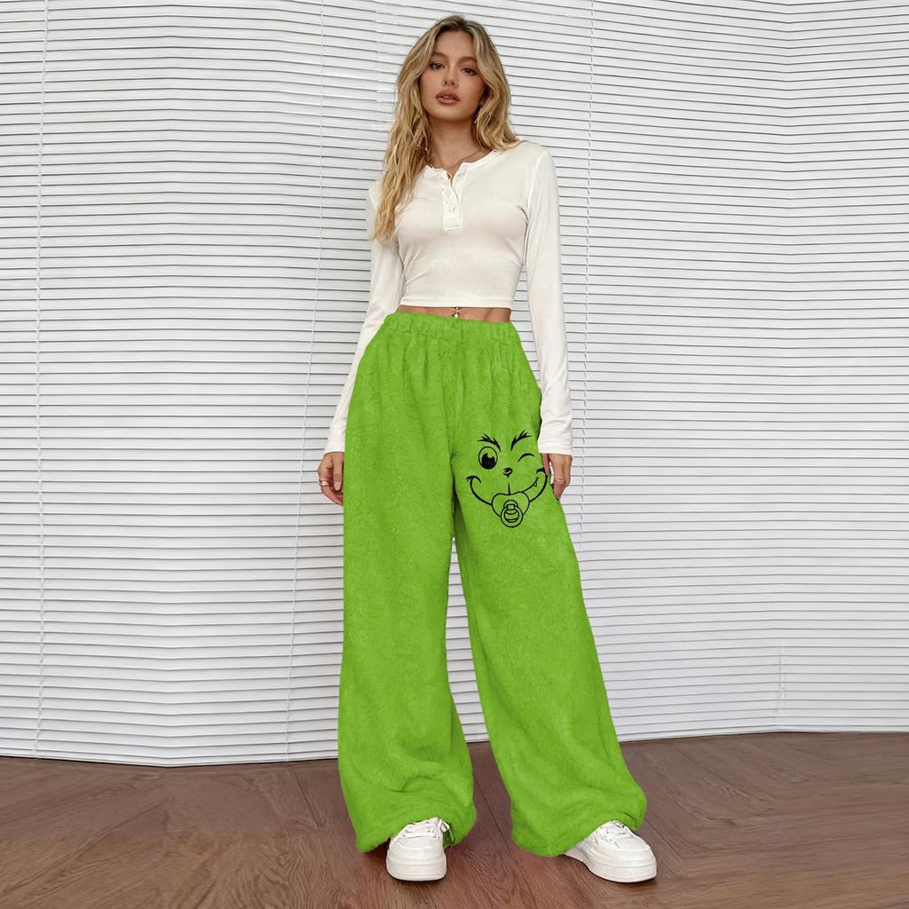 Women's Casual Christmas Print Elastic Waist Loose Fit With Plush Wide Leg Pants
