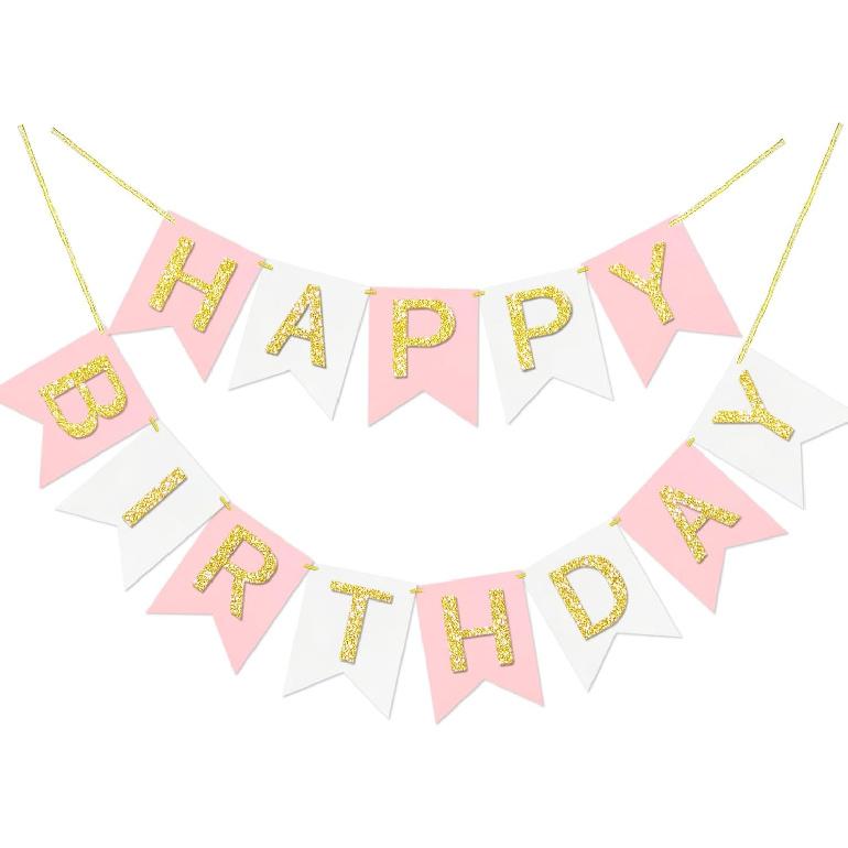 Pink Orange Happy Birthday Banner Girls Birthday Theme Party Signs Decorations Supplies Pre - Strung Handmade Garland Indoor & Outdoor