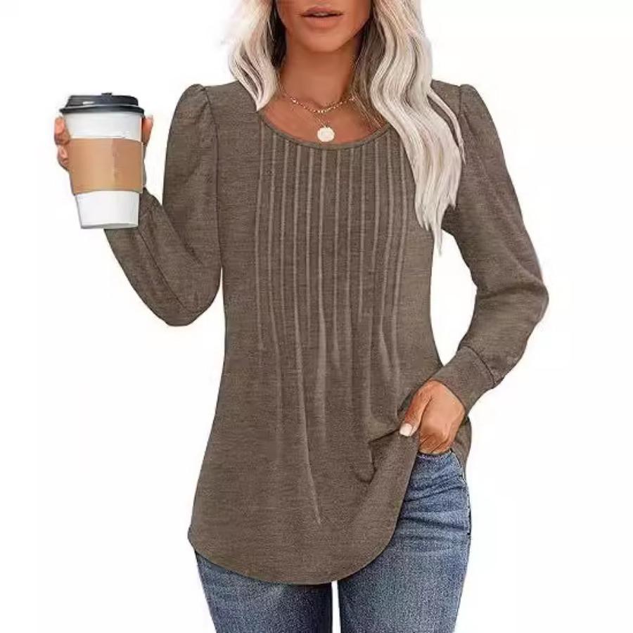 Maglietta a maniche lunghe da donna autunnali, alla moda, casual, plissettata, con scollo rotondo basso, abbigliamento da donna
