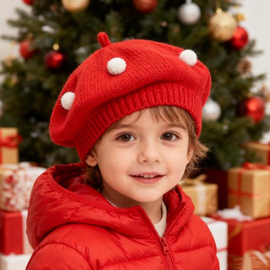 French Style Beret Hat Plush Ball Decor Baby Beret Hat with Anti-Slip Design Elastic Fit Warm Knitting Hat Autumn Winter Headwear