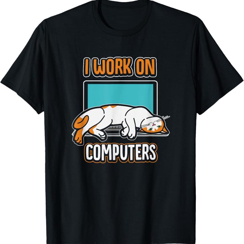 T-shirt noir pour adultes, chats et ordinateurs amusants d halloween S