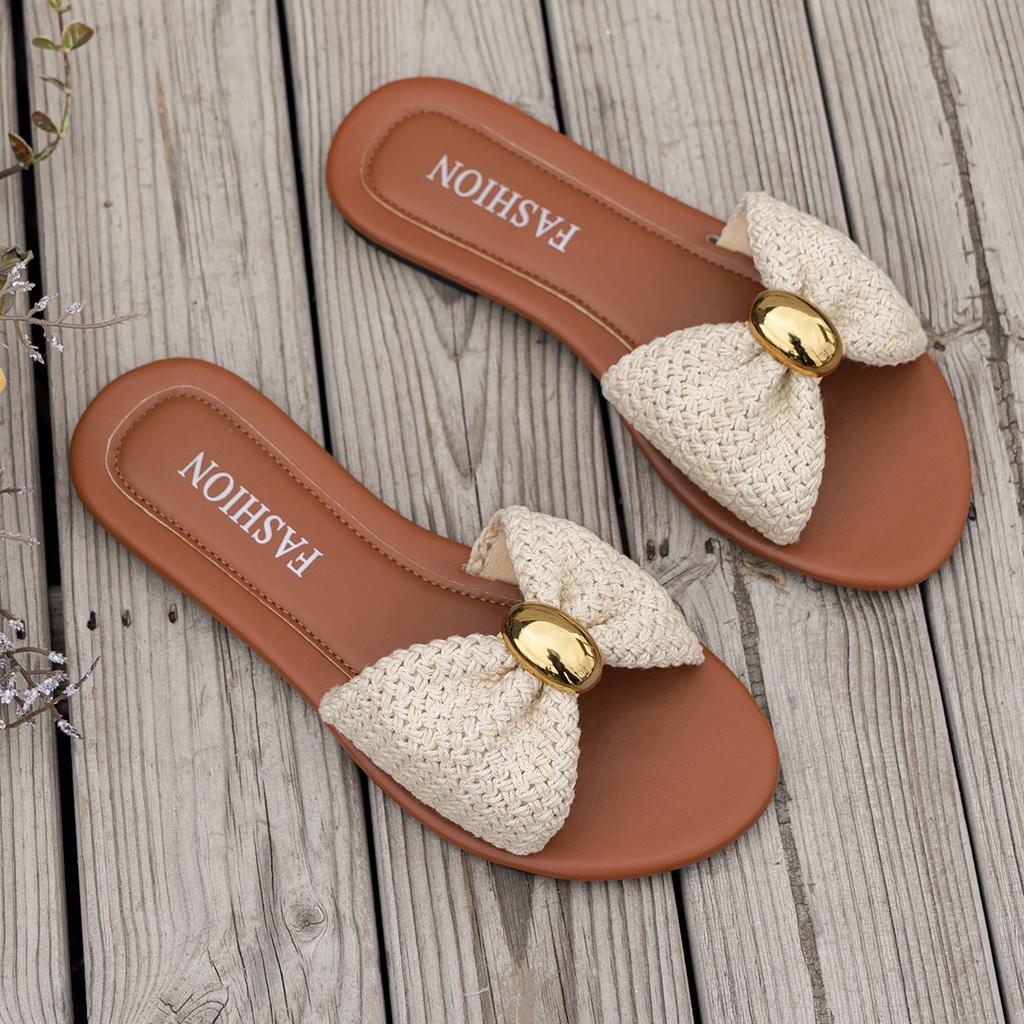 Summer Woven Bow Flip-flops for Women, with Round Bead Decoration, Beach-style Sandal for Women