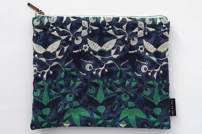 DDintex Ten To Sen Flat Pouch, Bird Design, Navy, 20 X 15.5cm [Dot and Line Embroidery Fabric]