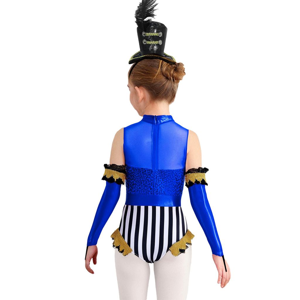 Girls Circus Costume Set Sequins Mock Neck Sleeveless Jumpsuit Press Buttons Metallic Oversleeve Top Hat