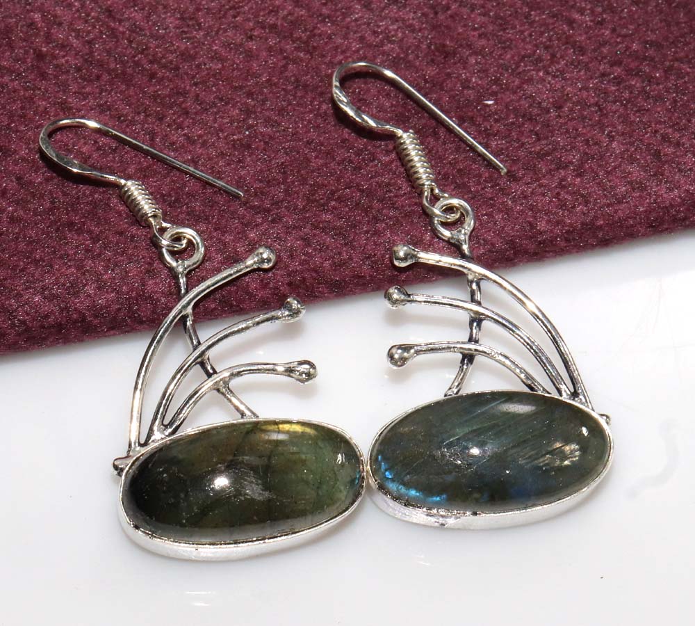 Exclusive Fiery Labradorite 925 Silver Plated Earrings 1.6" Most Beautiful i2O16