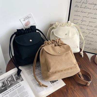 Canvas Bag Women's Spring and Summer Niche Drawstring One-shoulder Crossbody Bag Pleated Bucket Bag