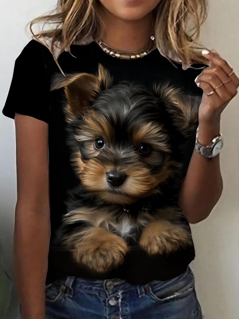 Women's Tops 2026 Trend T Shirt 3D Dog Graphic Printing Summer Breathable Round Neck Short Sleeved Top Fashion Clothes for Woman