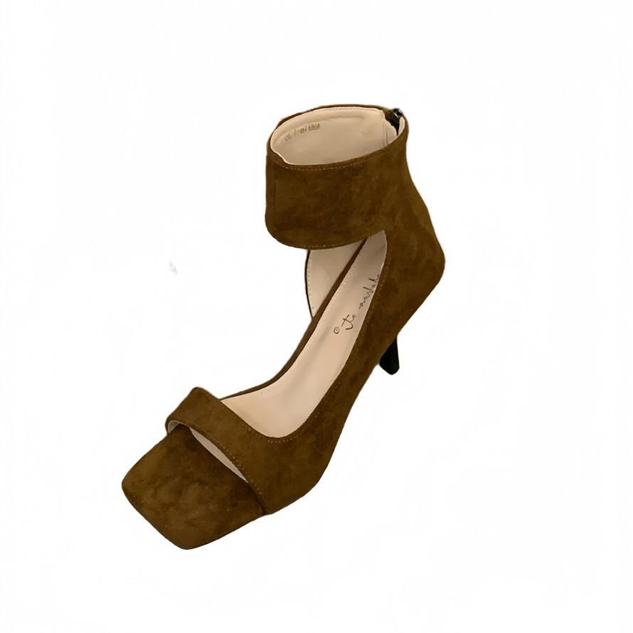 One-word buckle with sandals women's 2025 summer open-toed outer wear with skirt versatile square head simple crystal heel high heels