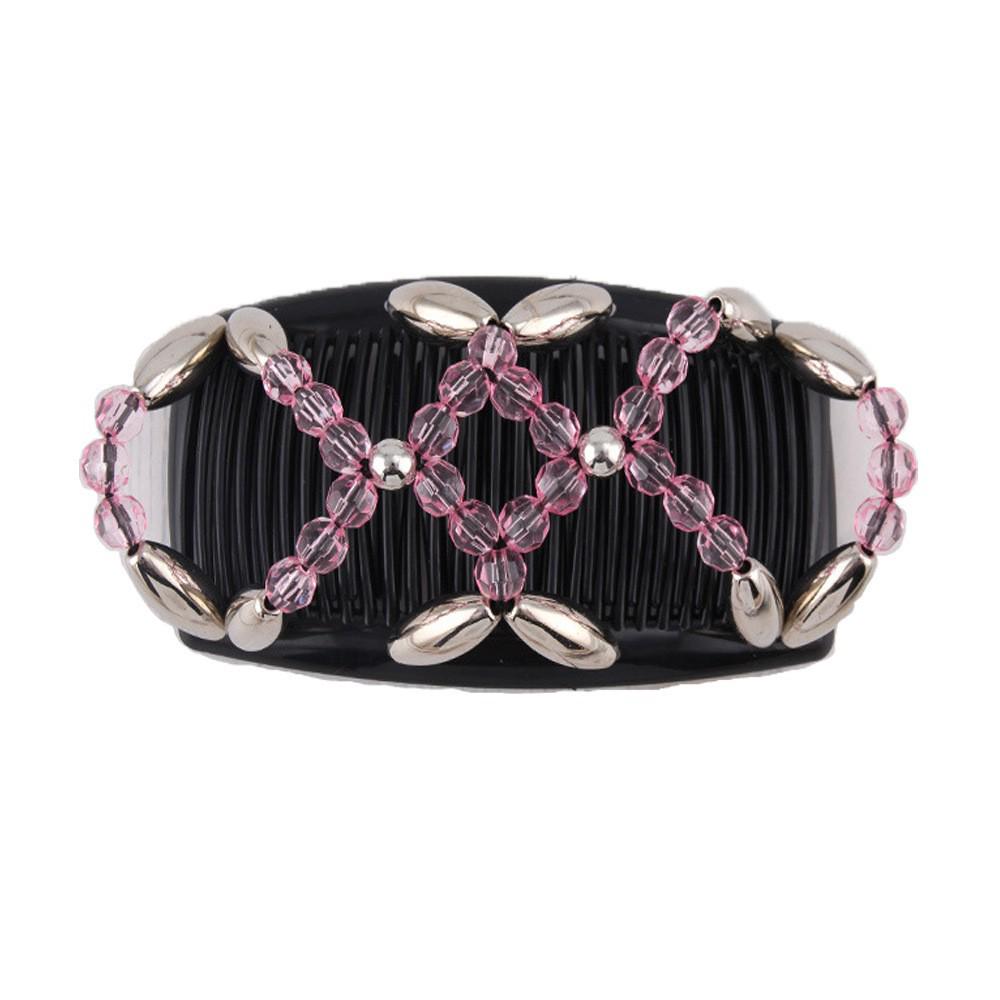 Large Handmade Beaded Elastic Magic Hair Comb with Flower Headpiece - Versatile Double Row Insert for Styling and Bun Making