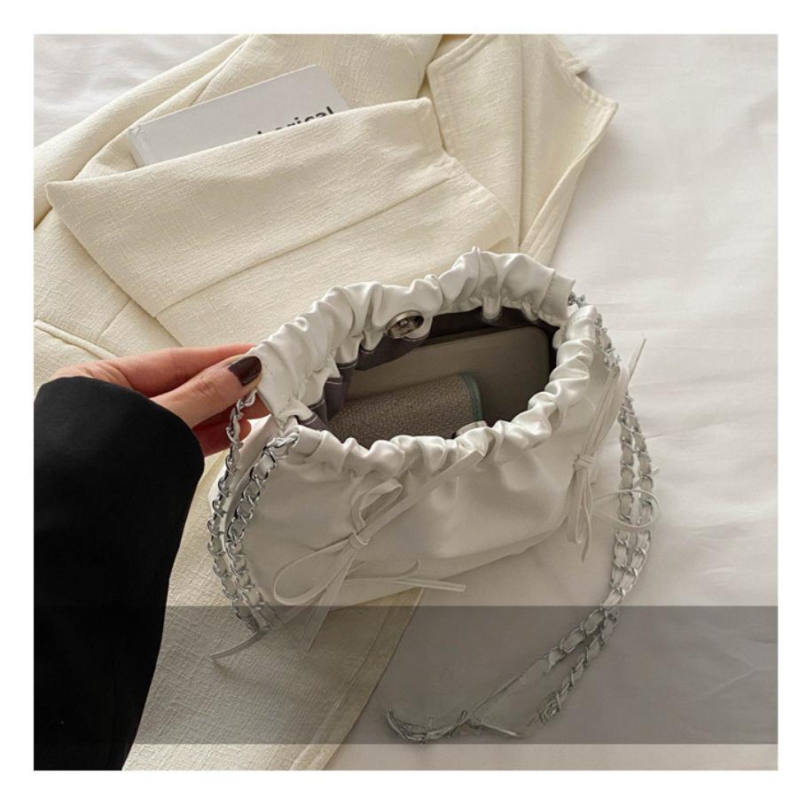 Trendy Ruched Faux Leather Bucket Bag for Women, Fashion Chain Shoulder Crossbody Hobo Purse, Casual Chic Handbag