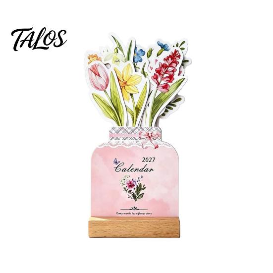 Floral And Cat Theme Calendar 2027 Flower Desk Calendar, English Tabletop with Wooden Base, Monthly Planner For & Decorative for Office Home