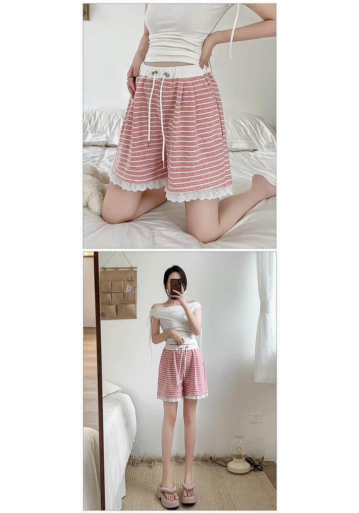 2026 New Style Striped Maternity Shorts with Lace Trim for Petite Women – Casual Wide-Leg Summer Pants Without Belly Support