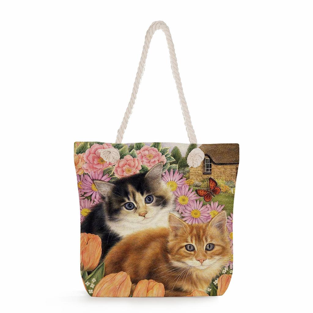 Flower Cat Print Thick Rope Single-shoulder Beach Bag 7262