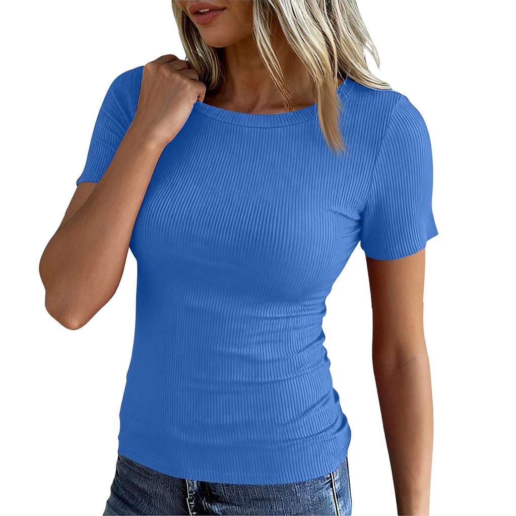 Ladies Slim Bottom T-shirt Fashion Casual Colour Round Neck Pullover Short Sleeve Top
