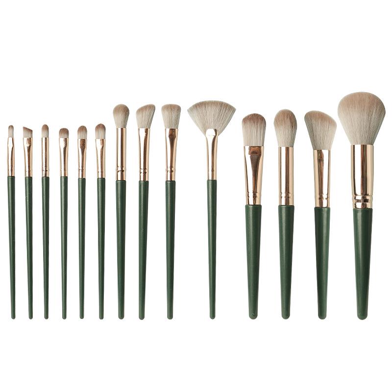 14-Piece Green Makeup Brush Set with Soft Bristles – Includes Powder, Foundation, and Blush Brushes.