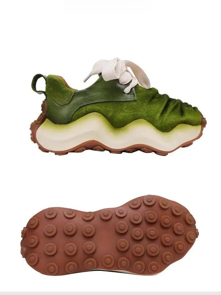 Johnature Chaussures pour femmes Cuir véritable Suede Épissage Semelle épaisse Style sportif Respirant Lacets Chaussures décontractées