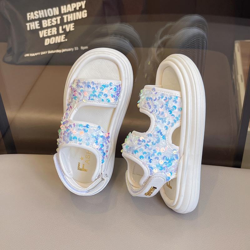 Girl Beach Sandals Summer New Kids Causal Sequins Princess Thick Bottom Sandals Fashion Open-toe Children Non-slip Beach Sandals