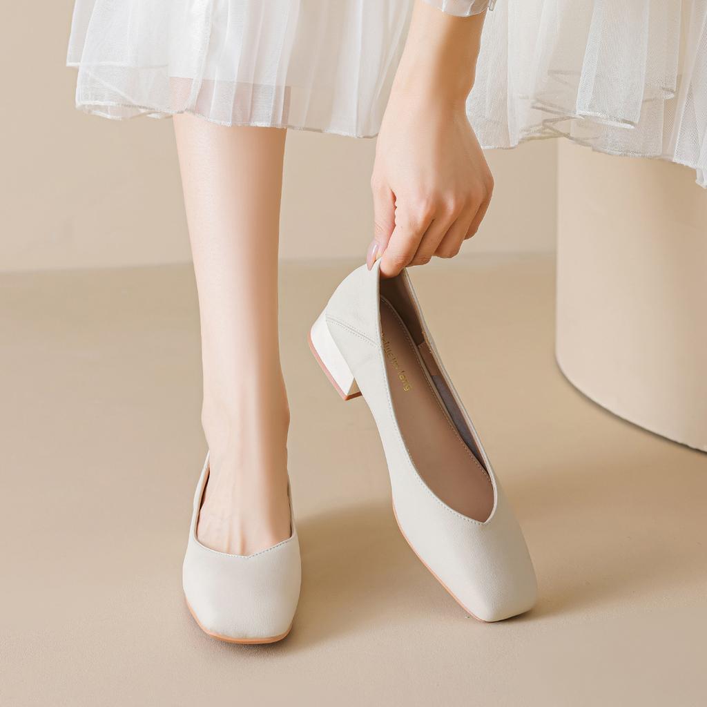 Weiwei Girl 9258-13 Grandma Shoes Women's Thick Heel 2025 Summer French Single Shoes Medium Heel Shallow Mouth Evening Women's Shoes