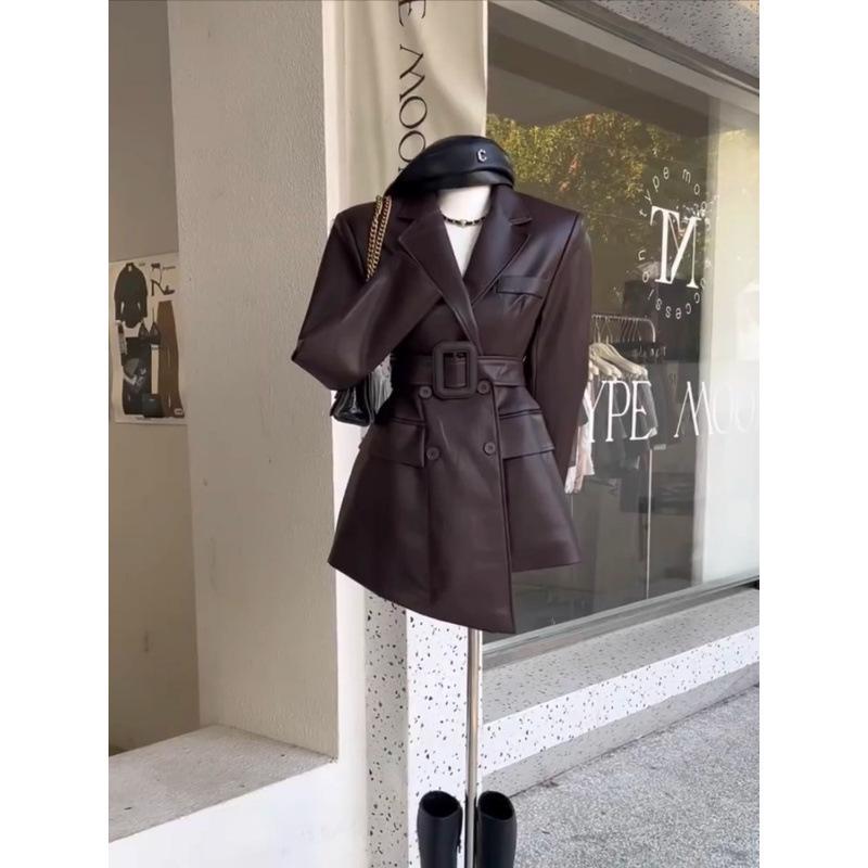 Dámska Khaki Retro Kožená Bunda - Yuppie Štýl, High-End, Zúžená v Pás, Jesenný Trend