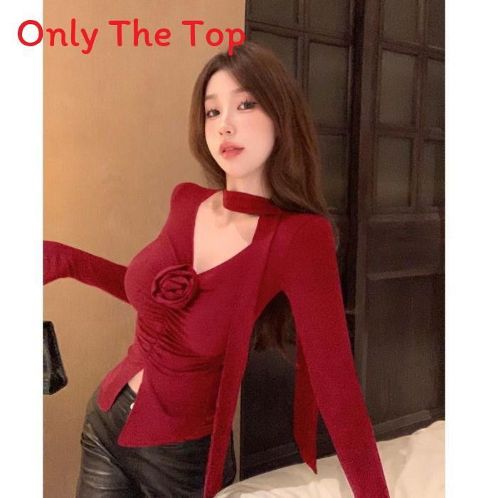 Long Sleeve Spliced Ruffle Flower V Neck T Shirt For Women Spring Slim Fit Top