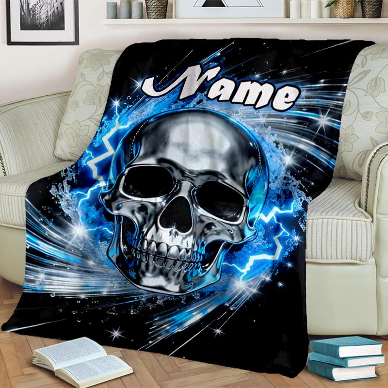 1PC Custom Name Electric Skull Artwork Outdooor Flannel Blankets Throw Blanket All-Season Throw Gift Bedspread for Couch, Bed, Camping Holiday Birthda