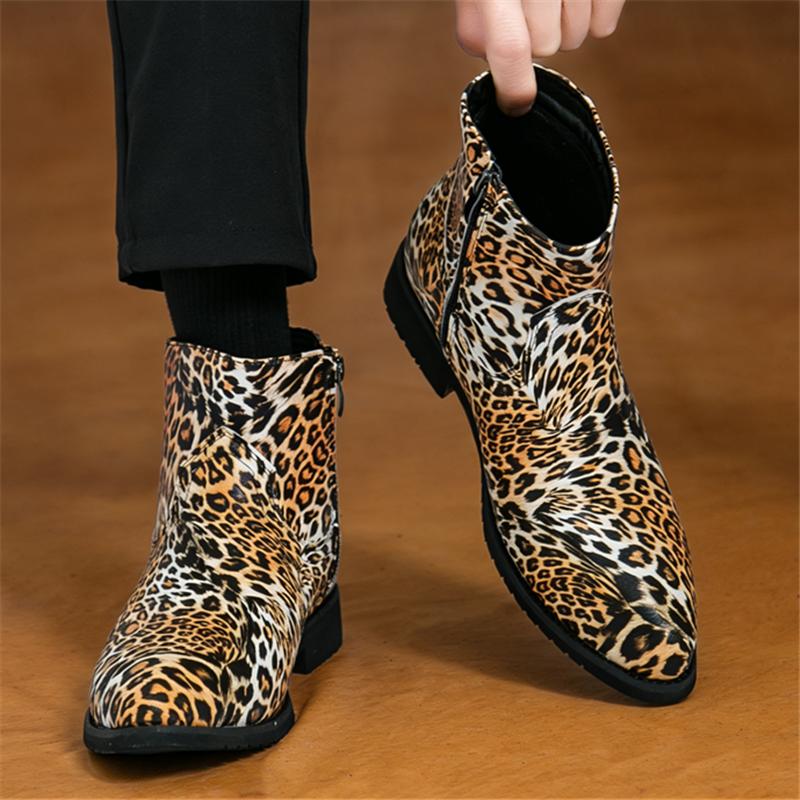 Winter Designer New Fashion Pointed Leopard Pattern Chelsea Ankle Boots for Men Casual Luxury High-top Shoes Zapatos Hombre