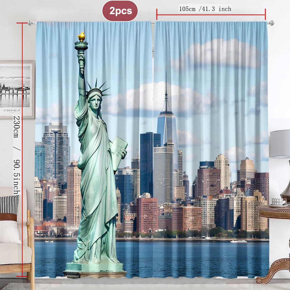 New York Statue of Liberty Skyline Curtains Set of 2 Rod Pocket Semi Sheer for Living Room Bedroom Decor