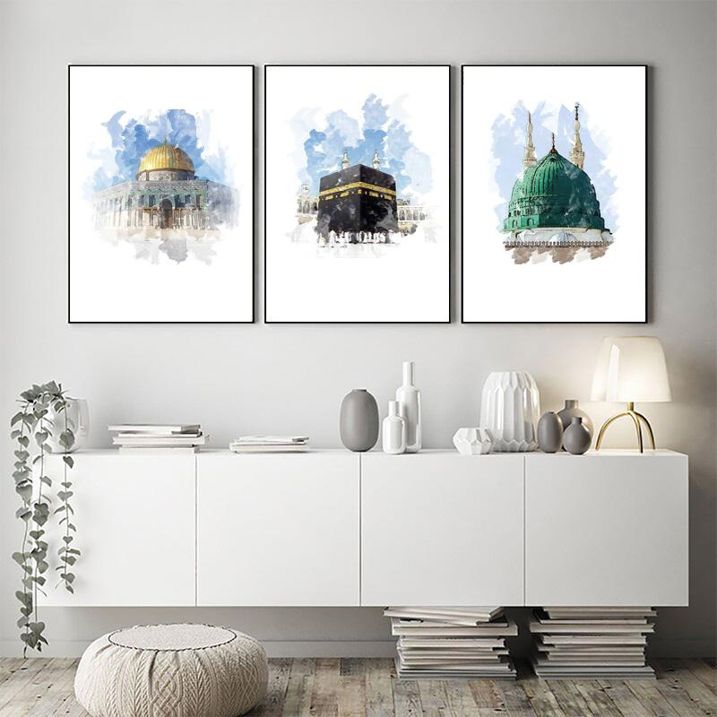 Islamisches Gebäude Moschee Kaaba Leinwand Poster Landschaft Religion Aquarelle Dekorative Malerei Moderne Bilder Wohnzimmer Dekor