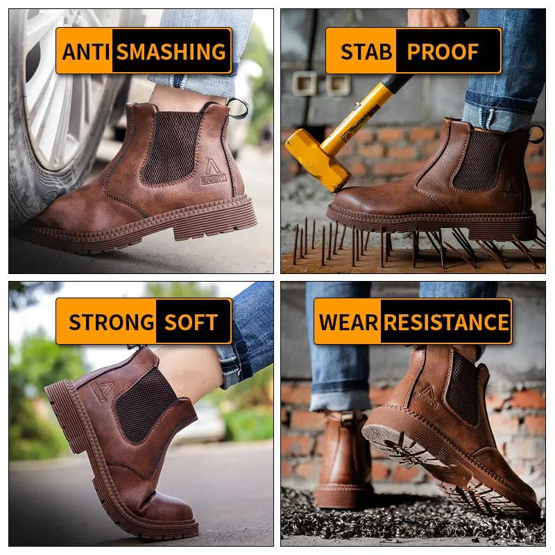 Fashion Men's Waterproof Safety Shoes Chelsea Boots Steel Toe Leather Men's Shoes Indestructible Construction Safety Boots
