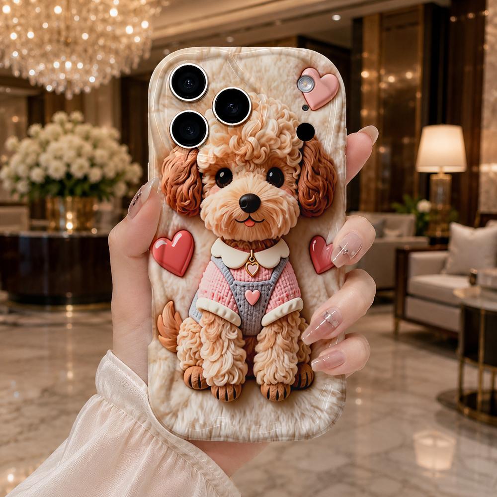 Fluffy Teddy Pink Gloss Heart Phone Case For iPhone 17 16 15 14 13 12 11 Pro Max Plus Wavy Edge Cover