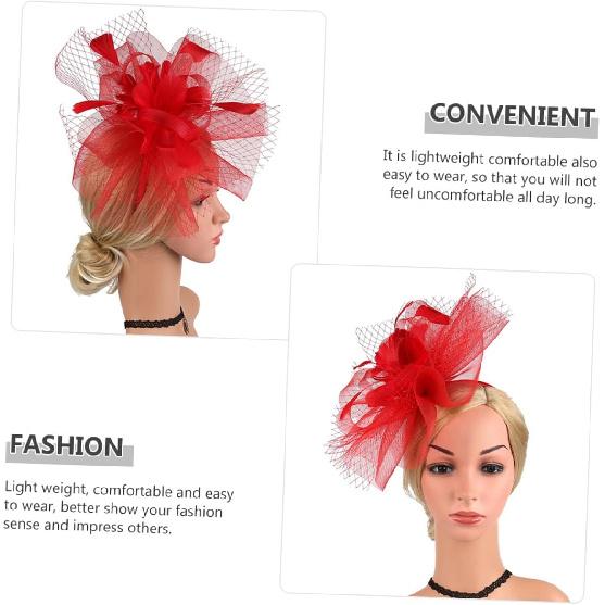 Red Mesh Bridal Fascinator Hat with Hair Clip and Headband, Cocktail Party Tea Party Hat for Women Special Occasion Accessories