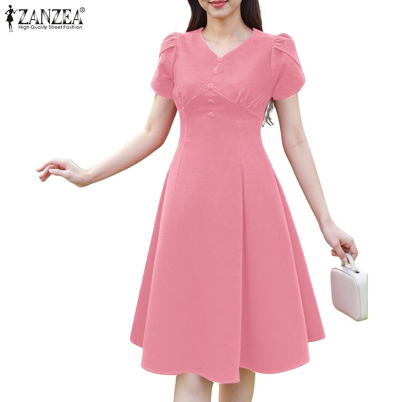 ZANZEA Women Casual V-Neck Short Sleeve Summer Dress