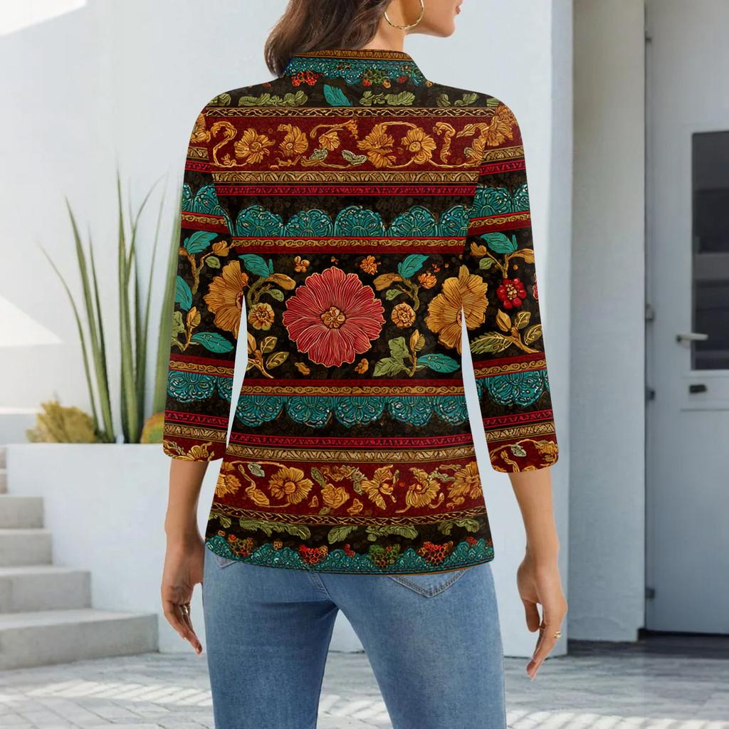 Dámská móda Ležérní klopa Krátký 3/4 rukáv Potisk Košile Dámské zapínací topy