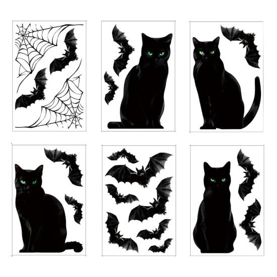 6 ks Halloweenské velké samolepky na okno s duchem Strašidelní duchové Netopýři Černá kočka Dýně Samolepky Odnímatelné Statické samolepky pro skleněnou okenní nástěnnou dekoraci